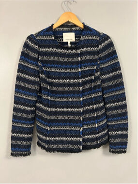 Rebecca Taylor Navy, Black & Gray Striped Tweed Jacket Size 4 Button Up
